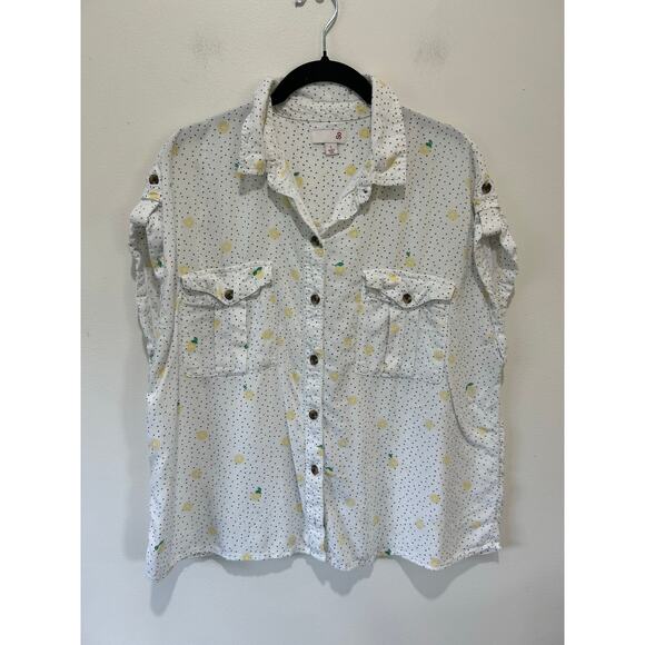 SO lemon shirt size L white with lemon print sleeveless button down - Picture 1 of 7